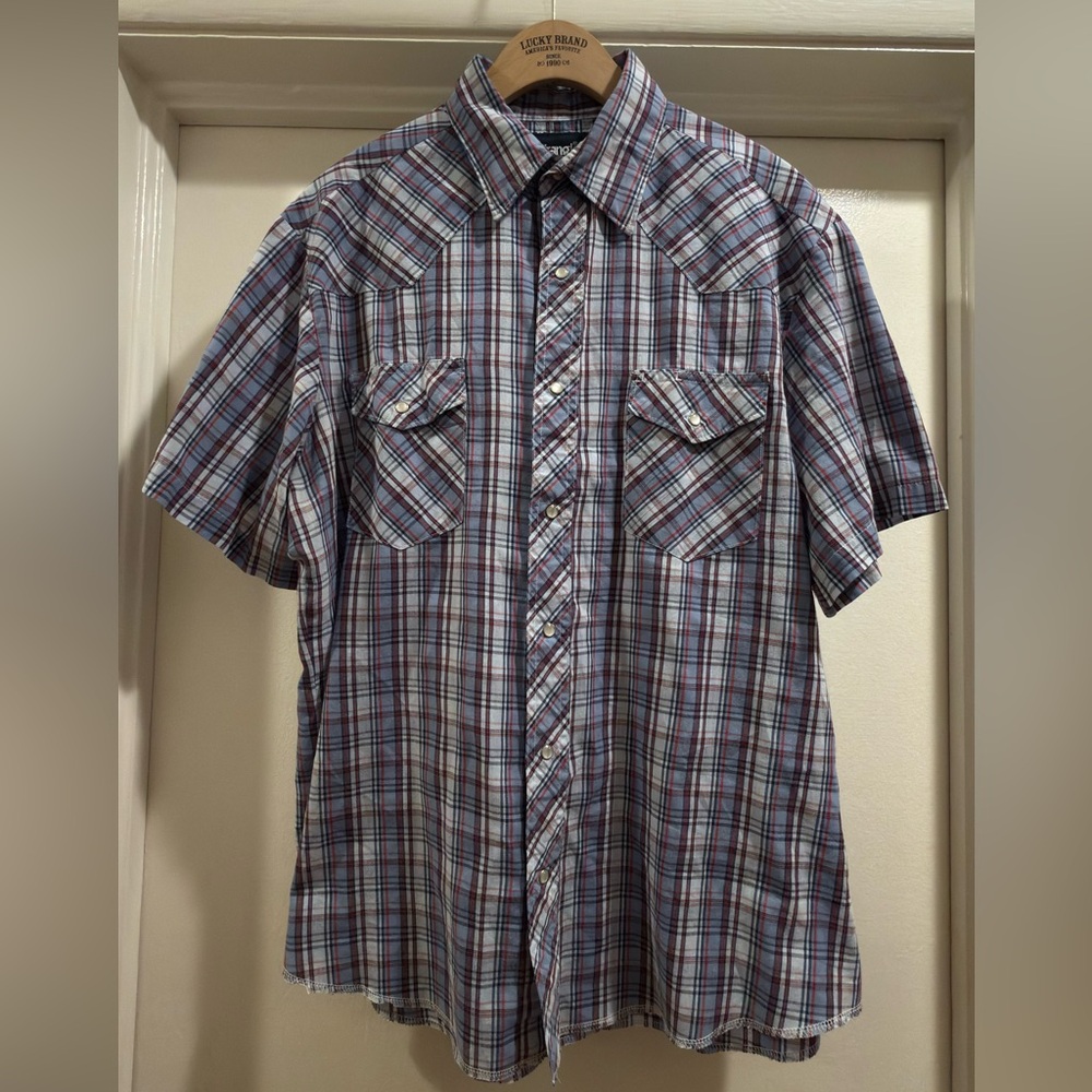 WRANGLER Men's Short-Sleeve Western Plaid Button-Up Shirt - Blue/White/Red